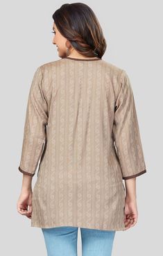 Printed Beige Cotton Blouse, Beige Printed Cotton Blouse, Elegant Beige Cotton Kurta, Elegant Cotton Tops With Printed Motifs, Color Kurti, Casual Kurti, Kurta Designs, Rayon Fabric, Brown Fashion