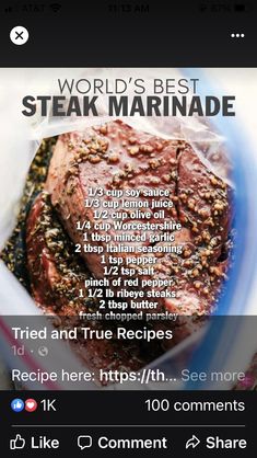 the menu for steak marinade is displayed in this screenshote photo, which shows how to cook it