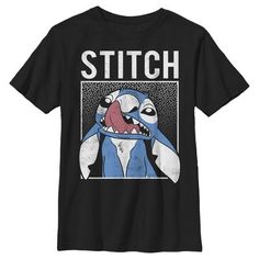 a black t - shirt with an image of stitch and the words stitch on it