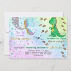 a little mermaid birthday party card with an image of a green dinosaur and gold stars