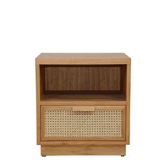 a wooden cabinet with wicker drawers on the bottom and one drawer open in front