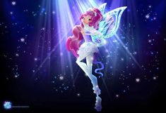 a pink and white fairy with wings flying through the air in front of bright lights