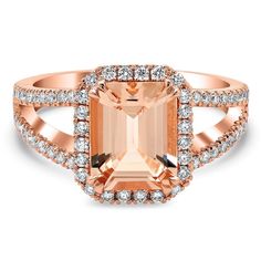 Rose Gold Split Shank Emerald Morganite Halo Engagement Ring Morganite Engagement Ring Halo, Glitz And Glamour, Diamond Halo Engagement Ring, Split Shank