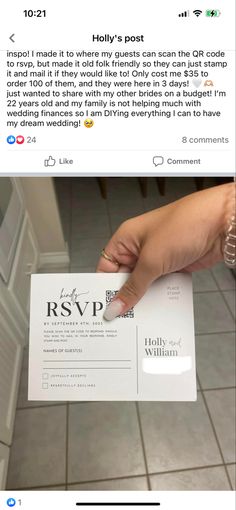 someone holding up a fake wedding card with the word rsvp printed on it