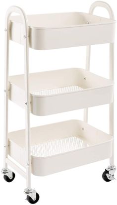 three tiered white plastic utility cart with wheels