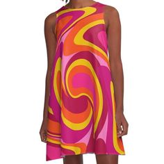 Loose-fit, mid-length sleeveless dress with silky handfeel. Printed on both sides. Machine washable. Size range XS-2XL. Funky and Groovy! This bright and bold abstract motif is reminiscent of a Mid Century Modern style design from the 1960's. Let's take a retro trip back in time and remember to bring your go go boots! Modern Retro Design, Go Go Boots, Abstract Motif, 70s Clothing, Modern Style Design, Palette Inspiration, Coctail Dresses, Geometric Print Dress, Block Style