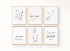 four framed art prints with different quotes on the same piece of paper, each featuring a woman's face