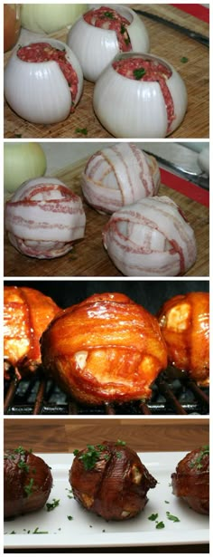 several different types of food being cooked on grills and in the oven, including meat