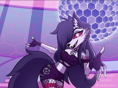 an anime character with long black hair and purple clothes is dancing in front of a disco ball