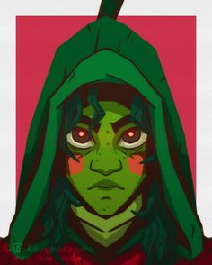 an illustration of a woman with red eyes and green hoodie over her head, in front of a pink background