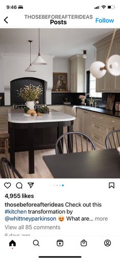 an image of a kitchen with white cabinets and black counter tops on instagrams