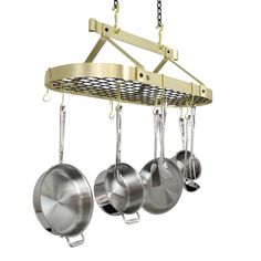 pots and pans hanging from a metal rack