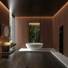 a bathroom with a large bathtub next to a sink and mirror on the wall