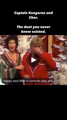 two people standing next to each other in front of a christmas tree with the caption captain kangarooo and cheer