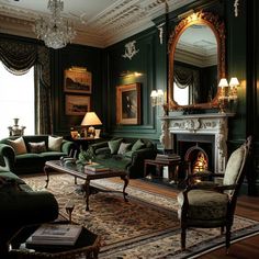 a living room filled with furniture and a fire place under a mirror on the wall