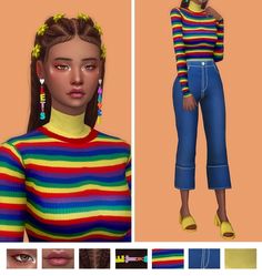 an image of a woman in rainbow sweater and jeans with different colored stripes on her shirt