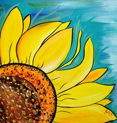 a painting of a yellow sunflower with blue water in the backgroung