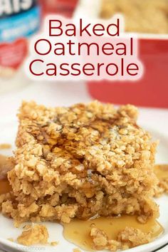 baked oatmeal casserole on a white plate with caramel sauce