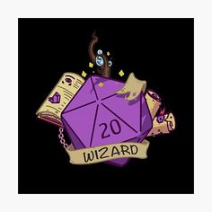 a purple dice with the word wizard on it