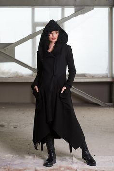 ♥ EXPRESS worldwide shipping - buy your favorite piece today and wear it within just 1-3 days upon shipping ♥Amazing black coat with big hood and comfortable pockets. Its design is flattering to any body shape and slims down your silhouette. The large hood is both a practical addition and a tremendously attractive. The wool fabric makes this a warm coat while the lack of cotton lining on the inside keeps it less bulky and roomy enough to layer something underneath. Enjoy the cold days with this Elven Coat, Winter Coat Black, Black Hooded Coat, Dystopian Fashion, Green Wool Coat, Winter Coat Women, Wool Winter Coat, Black Winter Coat, Long Winter Coats