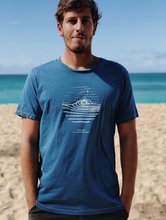 Men's Night Surf tee by The Shallow Reef Studio with an original hand drawn design. Hand printed on a super soft organic cotton tee on the North Shore of Oahu, Hawaii with non-toxic, water based ink. Dyed by hand with natural indigo dye. PRODUCT DETAILS 100% Organic Pima Cotton Alternative Apparel tee Indigo dyed by hand- may have slight color variations Socially responsible manufacturing Super soft, high quality and comfortable Designed, dyed, and printed by Moona Whyte note: this item is made Surfing Graphic Tee With Screen Print, Graphic Surfing T-shirt With Screen Print, Graphic Tee With Screen Print For Surfing, Cotton Surfing T-shirt With Screen Print, Cotton Screen Print T-shirt For Surfing, Cotton T-shirt With Screen Print For Surfing, Surfing Graphic Tee With Back Print, Graphic Tee With Back Print For Surfing, Graphic Tee Soft-washed T-shirt For Surfing