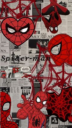 spider - man paper collages are featured in this image with newspaper clippings