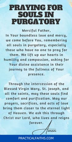 a prayer card with the words praying for soul's in purigattory