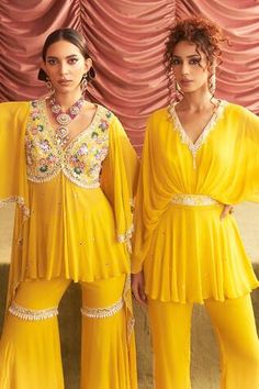 Yellow peplum kurta with thread, mirror, bead embroidery in floral pattern on yoke. Paired with tiered gharara. - Aza Fashions Women Kurta, Floral Peplum, Set Women, Bead Embroidery, Embroidery Thread, Aza Fashion, Beaded Embroidery, Fashion Set, Bell Sleeves