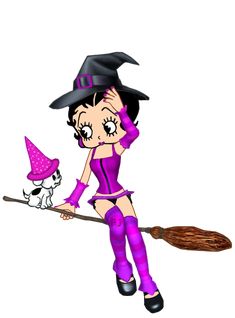 a cartoon witch flying on a broom with her cat sitting on it's back