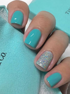 turquoise nails: silver glitter accent Tiffany Blue Dip Nails, Turquoise Ombre Nails Teal, Gel Nails For Hawaii Vacation, Turquoise Dip Nails, Terquas Nails, Fun Cruise Nails, Simple Teal Nails, Turquoise Short Nails, Teal Dip Powder Nails