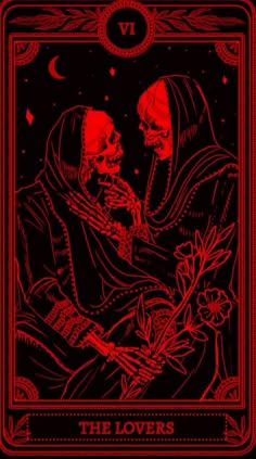 the lovers tarot card is shown in red and black, with two skeletons on it