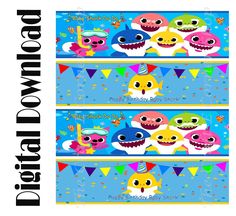 three banners with cartoon characters on them for children's birthdays or baby shower parties