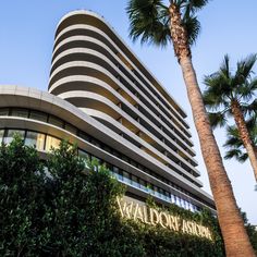 a tall building with palm trees in front of it