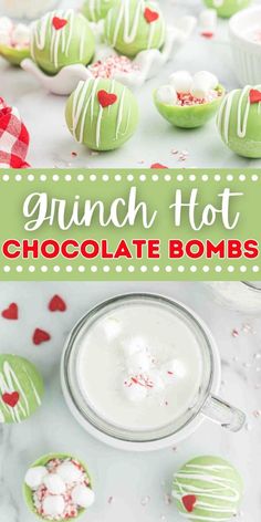 Grinch Hot Chocolate Bombs are so fun and festive. These hot cocoa bombs are perfect for movie night and make a great gift. The festive outside is the perfect shade of green topped with a heart. The inside is packed with crushed candy canes, mini marshmallows and hot chocolate mix. #dessertsonadime #grinchhotchocolatebombs #hotchocolatebombrecipe Grinch Hot Chocolate, Popular Christmas Movies, Fine Dining Desserts, Bombe Recipe, Christmas Baking Recipes, Boozy Desserts, The Grinch Stole Christmas