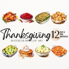 the thanksgiving watercolor clip art collection includes turkeys, pies and other foods