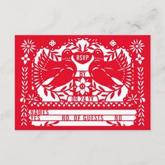 a red and white card with two birds on it