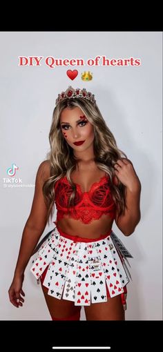 a woman in a red top and white skirt posing for a photo with the words diy queen of hearts on it