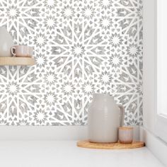 a kitchen counter with two vases on it and a wall paper behind the counter