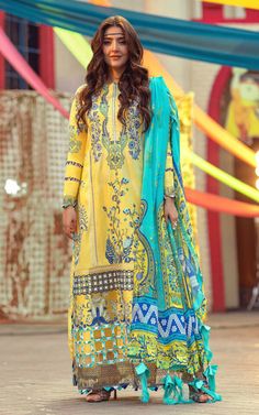 Long Shirt Designs Pakistani Lawn, Pakistani Eid Outfits, Pakistani Eid Dresses, Pakistani Designer Clothes, Eid Outfit, Lime Yellow, Pakistani Lawn Suits, Lawn Dress, Eid Dresses