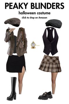 two women dressed up in costumes and hats with text that reads, peaky blinds halloween costume click to shop on amazon