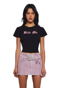 Sugar Thrillz Bite Me Baby Graphic Tee - Black Pink Pink Grunge Style Top With Letter Print, Cute Fitted T-shirt With Text Print, Edgy Pink Tops With Letter Print, Edgy Fitted Text Print T-shirt, Cute Tops With Funny Text For Streetwear, Cute Streetwear Top With Funny Text, Cute Funny Text Top For Streetwear, Edgy Fitted T-shirt With Slogan, Edgy Fitted Slogan T-shirt