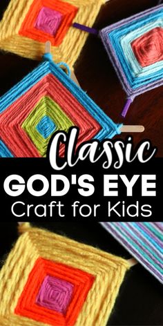 some crocheted squares with the words classic god's eye craft for kids