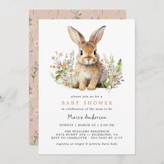 a baby shower card with a bunny in the middle and flowers around it's head