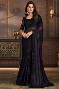 Black and Eggplant Satin Silk Saree with Embroidered Blouse Purple Saree Look, Purple Satin Saree, Saree With Black Blouse, Purple Saree, Indian Sarees Online, Trendy Dress Outfits