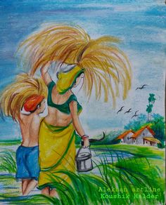 a drawing of two women watering water