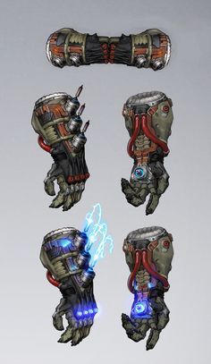 some kind of robot hand with glowing blue lights on its fingers and hands, in different positions