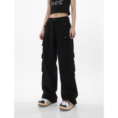 Baggy Mid-rise Casual Pants, Casual Baggy Mid-rise Pants, Grunge Style Wide Leg Cotton Cargo Jeans, Baggy High Rise Cargo Jeans Hip Hop Style, Black Straight Leg Cargo Pants Hip Hop Style, Black High Waist Cotton Cargo Pants, Black Straight Leg Hip Hop Cargo Pants, Casual Black Jeans With Pockets, High Rise Casual Cargo Pants For Streetwear