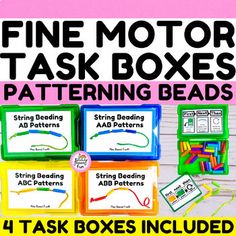 the fine motor task boxes are filled with patterns and instructions for stringing beading