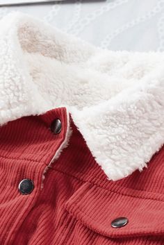 Elluis - Snuggle Up in this Warm Sherpa Corduroy Coat Cozy Cotton Outerwear With Pockets, Red Corduroy Winter Outerwear, Winter Red Outerwear With Corduroy Collar, Red Corduroy Jacket, Color Day, Corduroy Coat, Red Details, Hot Picks, Fashion Bottoms