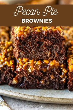 pecan pie brownies stacked on top of each other with the title above it